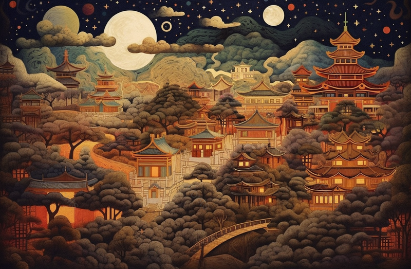树林寺庙国风繁华流云星空满月月亮橙色异域风情插画,插画/手绘图,插画/手绘图库,插画/手绘图下载,插画/手绘
